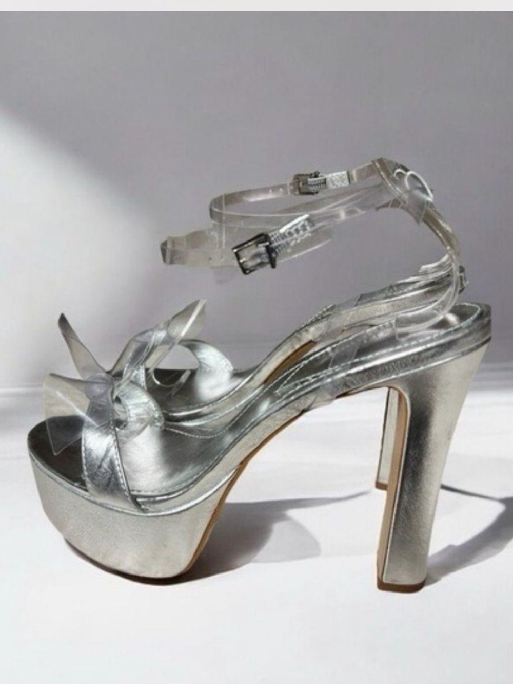 Schutz Elyda Metallic Silver & Clear PVC Platform Heels Sandal 9B / 39